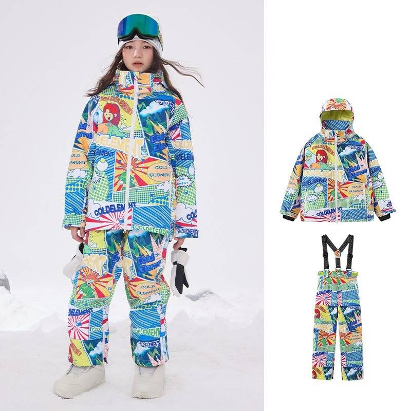 Kinder-Skijacken- und -hosen-Set – Wasserdichter Cold Elements Schneeanzug mit 20.000 mm Wassersäule, atmungsaktives Polyester für Jungen und Mädchen, mit kreativem Comic-Print_voghion.com