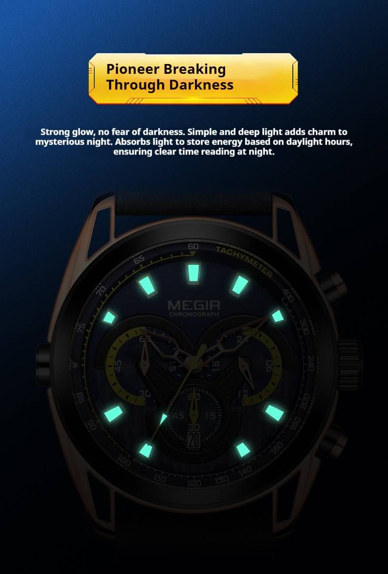 Orologio cronografo da uomo autentico con triplo quadrante, lancette luminose, datario e resistenza all'acqua fino a 30 m - Cinturino in pelle di alta qualità_voghion.com