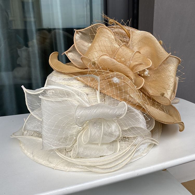 Cappello da sole in pizzo con pizzo Temperamento Elegante cappello da secchiello con fiori di perle Cappello da sole estivo traspirante da donna_voghion.com