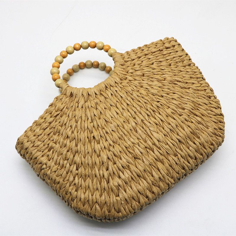 2024 Craft New Wooden Pearl Moon Borsa grande da donna in tessuto di erba da spiaggia di cammello, portatile_voghion.com