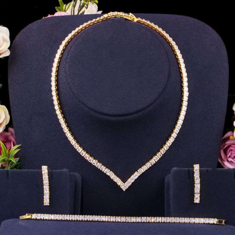 T0165 Accessori per la cena di nozze della sposa coreana Set completo di collane, orecchini, bracciali, tre pezzi con zirconi_voghion.com