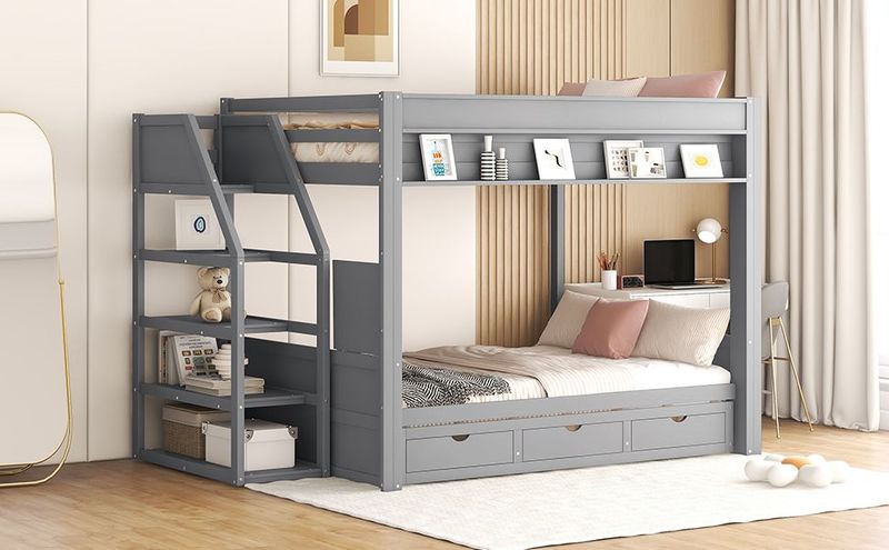 Wood Full Size Convertible Bunk Bed With Storage Staircase, Bedside Table, And 3 Drawers_voghion.com