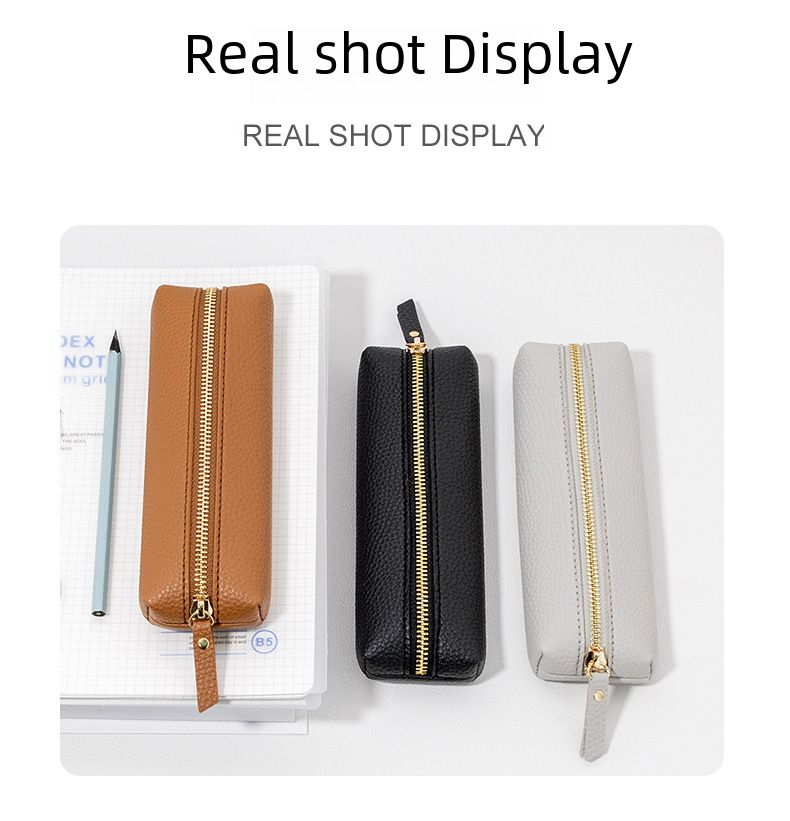 Estojo de couro simples para lápis, bolsa para armazenamento de canetas de escritório, caneta de assinatura, bolsa portátil com zíper à prova de vazamentos para artigos de papelaria_voghion.com