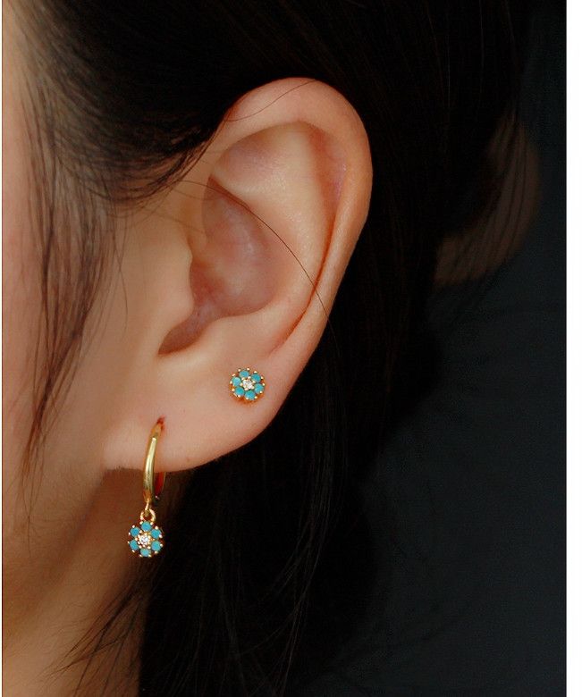 Orecchini a perno con chiusura a vite in argento sterling 925, piccoli fiori, turchese e zirconi cubici, 5 mm, B12_voghion.com