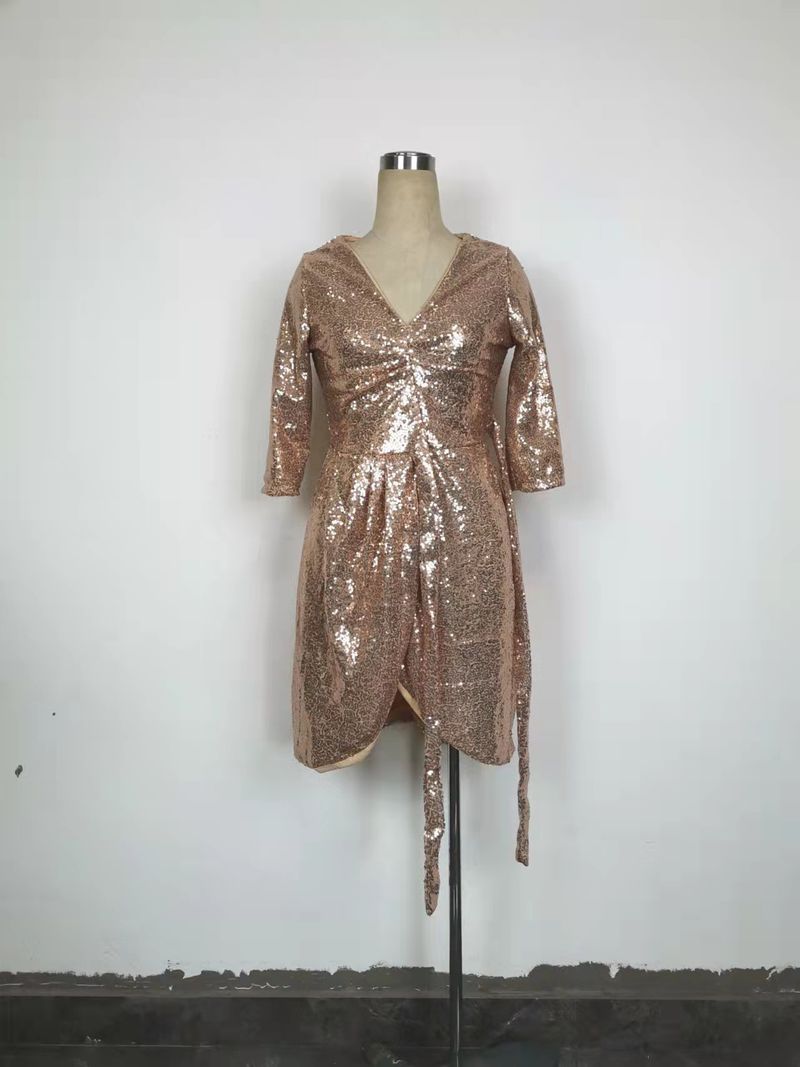 Abito da donna estivo 2025, sexy, con maniche a sette quarti, scollo a V e lacci, con perline_voghion.com