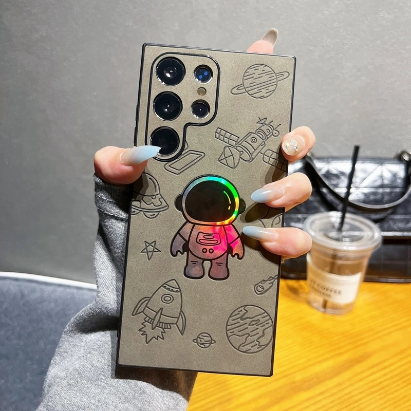 Laser Astronaut Leather Matte Phone Case For Samsung Galaxy S24 S23 S22 S21 Plus Ultra Shockproof Bumper Cartoon Cover_voghion.com