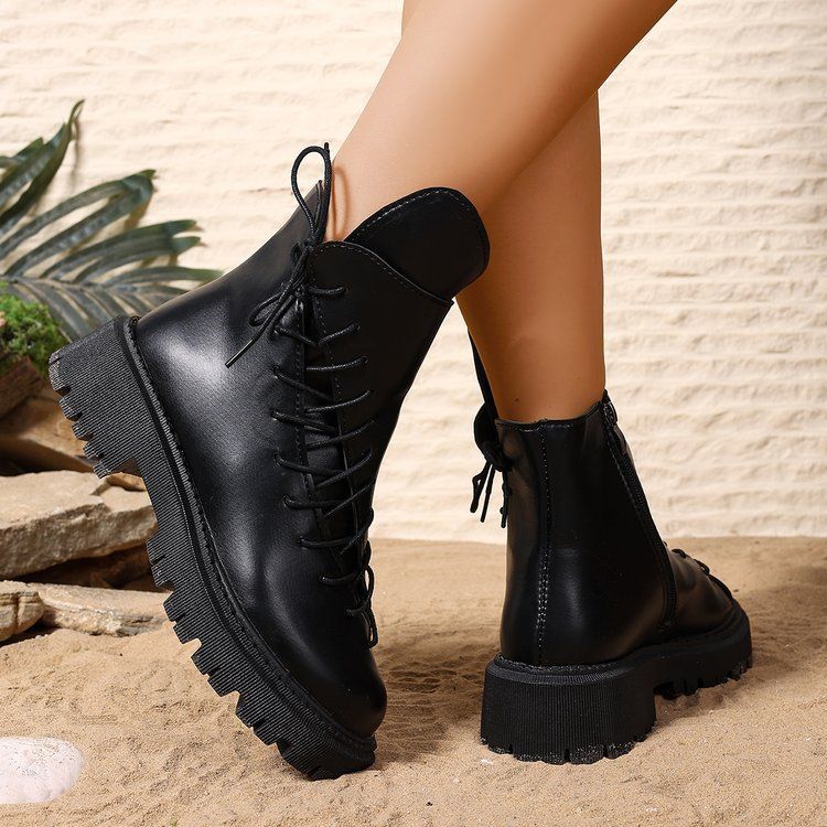 Women's Fashion Chunky Sole Martin Boots - Round Toe Lace-Up Ankle Boots With PU Leather Upper, Breathable & Lightweight For Spring & Autumn_voghion.com