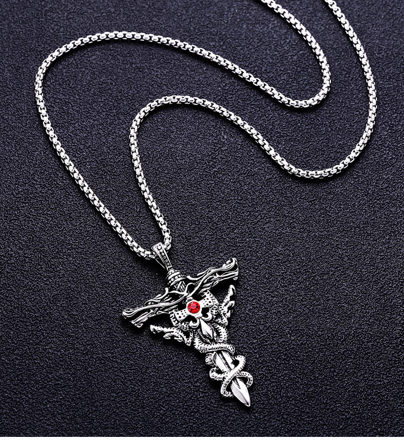 Fashion Double Dragon Sword Titanium Steel Necklace Pendant Retro Punk Cross Lucky Fortune Men's Accessories Jewelry _voghion.com