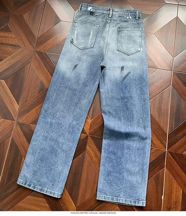 Jean homme coupe droite ample à motif graffiti et étoiles, style vintage délavé - Pantalon en denim rétro et confortable_voghion.com