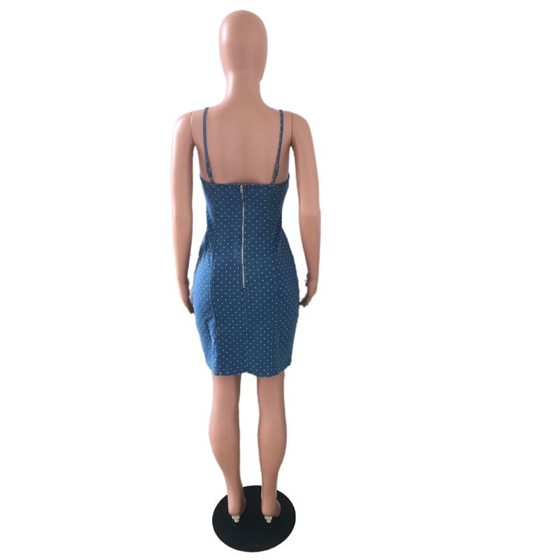 Abito in denim attillato a pois con gonna allacciata alla caviglia sexy alla moda da donna_voghion.com