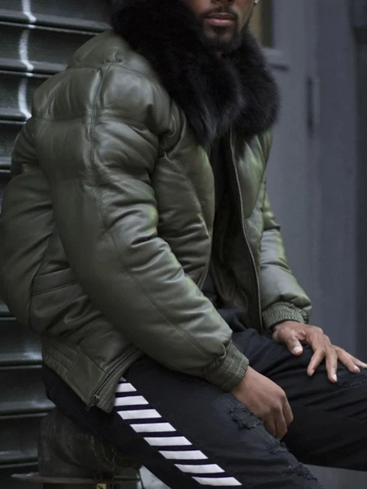 Herrkläder pu-pälskrage kort kappa bomull vadderad jacka_voghion.com