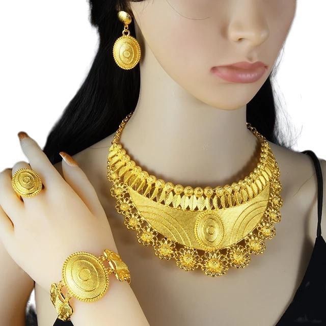 Fashionable luxury ethnic style four piece alloy decoration necklace collarbone jewelry earring set_voghion.com