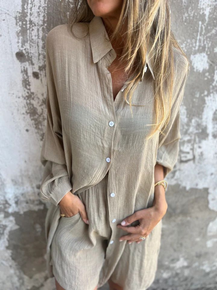 Conjunto de duas peças feminino casual de algodão e linho, cor sólida, manga comprida, camisa de tecido amassado, 2025_voghion.com