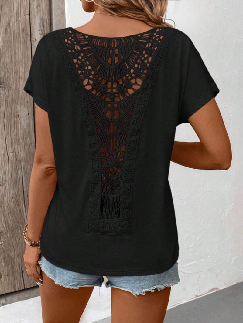 Damenbekleidung Spitzennähte Kurzarm-T-Shirt_voghion.com