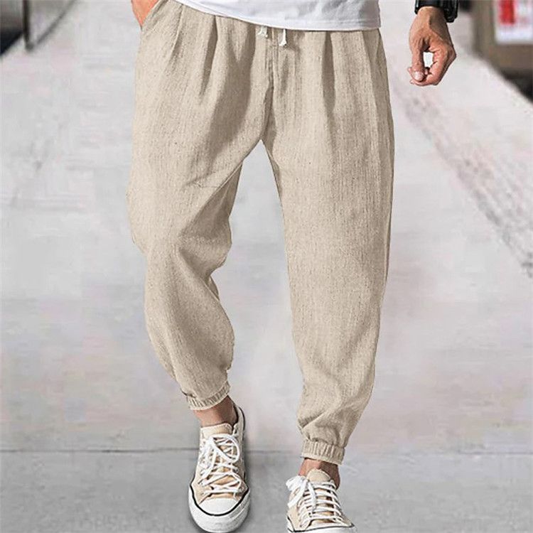 Herrenbekleidung Herren-Jogginghose aus Baumwoll-Hanfseil mit elastischer Taille und Vordertasche, einfarbig, bequeme, lässige Hose mit lockerem Bein_voghion.com