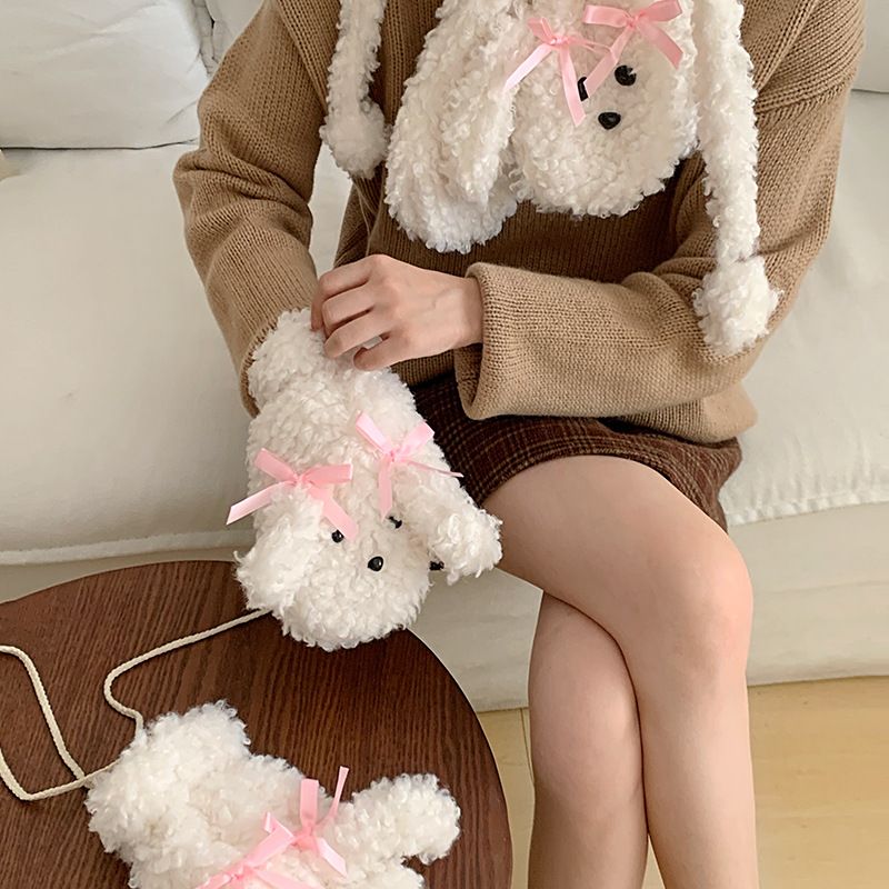 Set da tre pezzi con fiocco in nastro a forma di cane, pensato appositamente per le donne, berretto invernale in maglia spessa per studenti, caldo, alla moda e trendy._voghion.com