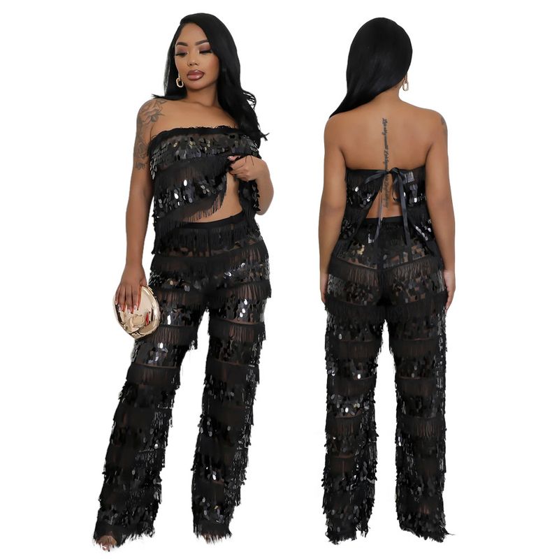 Conjunto de top corto sin tirantes y pantalón ancho: un conjunto sexy y chic de dos piezas para mujer_voghion.com