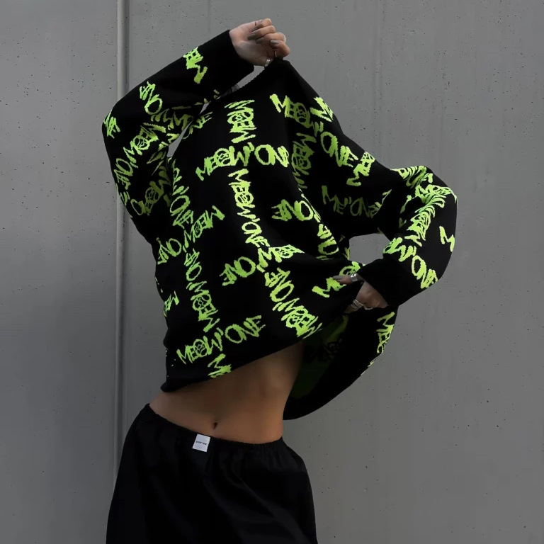 Lockerer, lässiger, kontrastfarbener, fauler Pullover-Pullover im Street-Style, personalisierter Buchstabe, langärmeliges Strickoberteil für Damen_voghion.com