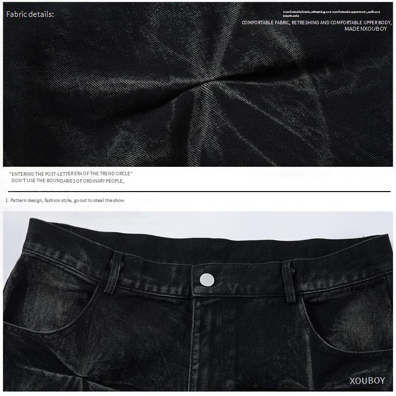 Calça jeans plissada encerada para homens e mulheres, com costura à mão, desgastada_voghion.com