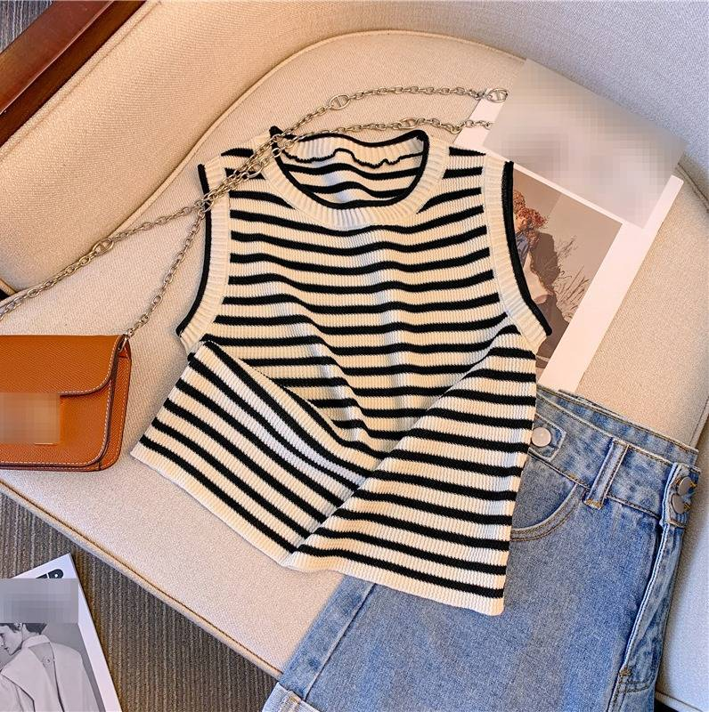 Top senza maniche in maglia a righe in stile francese - Capo casual da donna per la primavera/estate_voghion.com