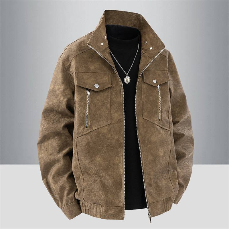 Men's Retro Biker Jacket - Double-Breasted PU Leather Coat With Stand Collar_voghion.com