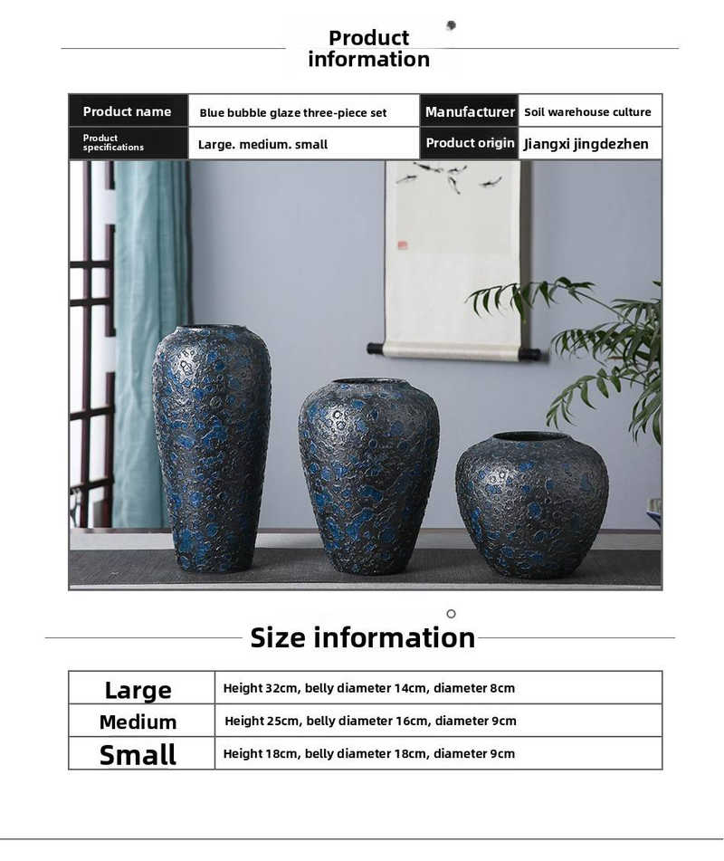 Vase en céramique rustique artisanal de Jingdezhen avec glaçure à bulles – Décoration minimaliste élégante pour table, fleurs hydroponiques et séchées_voghion.com