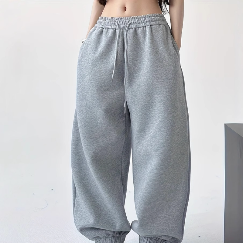 Pantaloni da jogging oversize da donna – Pantaloni invernali da salotto foderati in pile, colore nero/grigio | Vestibilità comoda con polsini regolabili_voghion.com