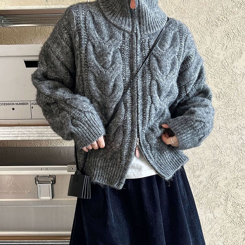 Women's Clothing Cable Pattern Sweater Jacket Chunky Knit Cardigan With Double Zipper & Shawl Collar - Cozy Long Sleeve Open Front Sweater_voghion.com