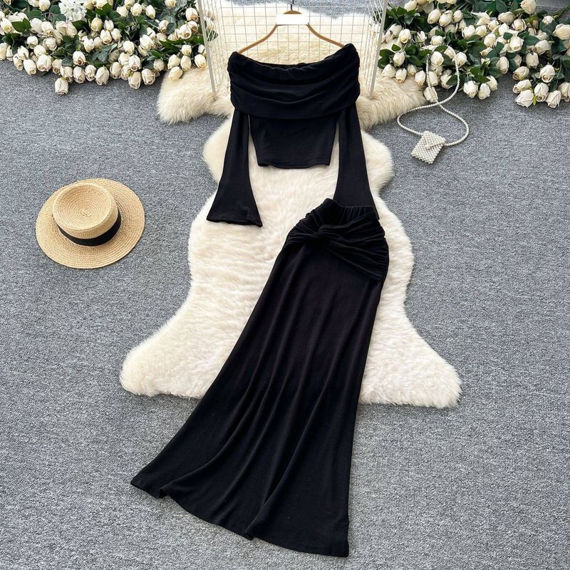 Elegant Off-Shoulder Knotted Blouse & High-Waist Pencil Skirt Set – Chic Two-Piece Outfit For Women (Purple, Gray, Dark Brown, Black, One Size)_voghion.com