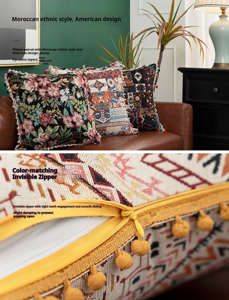 Cuscino decorativo marocchino boho con ricami e nappe, 45x45 cm, con inserto in cotone PP, arredamento bohémien per la casa._voghion.com