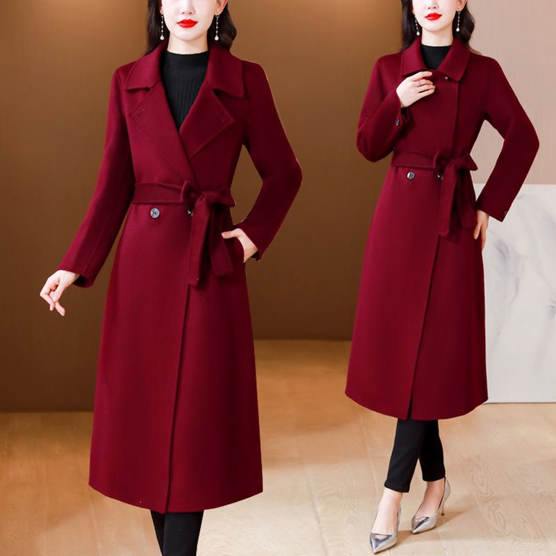 Langer Wollmantel für Damen – Übergroßer Trenchcoat mit Gürtel in der Taille, knielanger Wintermantel im Vintage-Stil_voghion.com