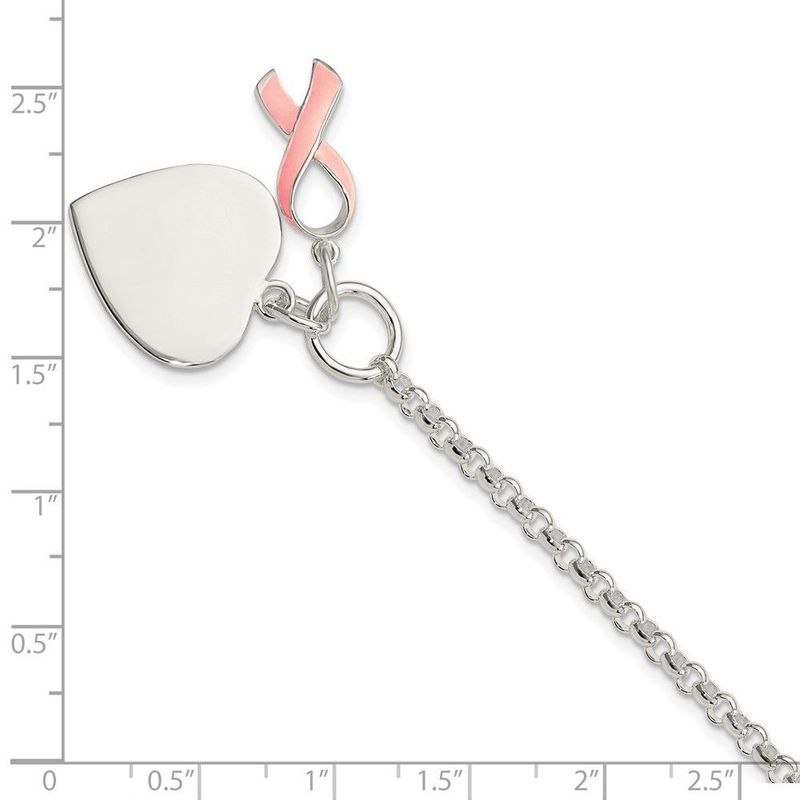 Sterling Silver Fancy Engraveable Heart With Pink Ribbon Bracelet_voghion.com