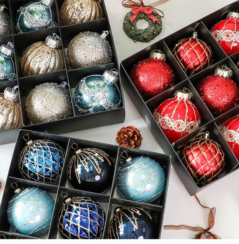 8 cm Kunststoff-Ornament-Set – 9-teiliges dekoratives Geschenkbox-Set für Feiertage und Partys (Rot/Grün/Champagner/Blau)_voghion.com