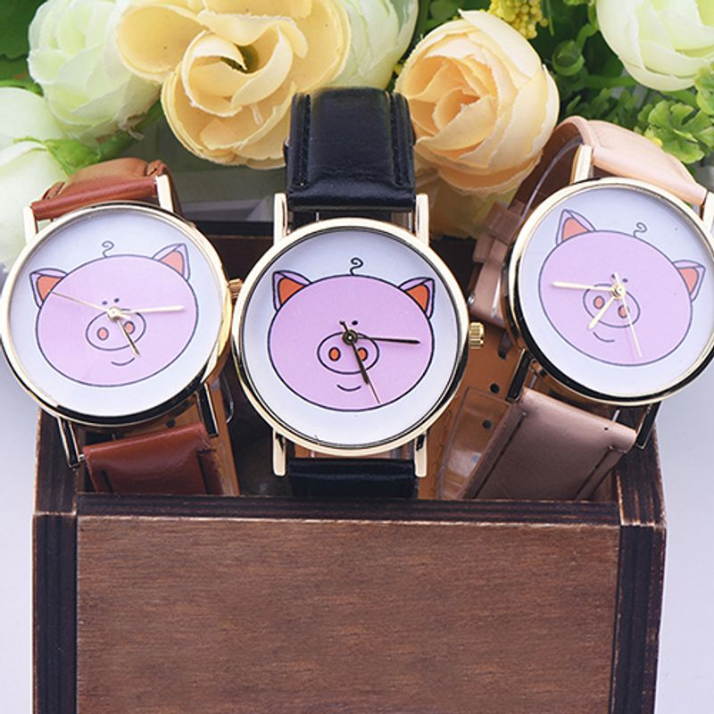 Yamaler Women Cute Pig Pattern Faux Leather Band Analog Quartz Fashion Wrist Watches_voghion.com