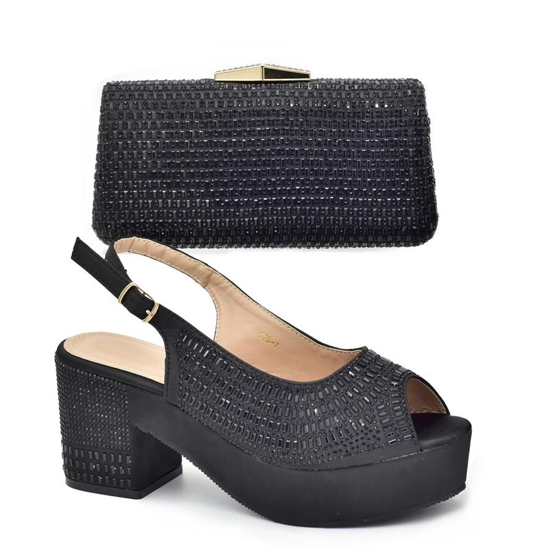 Set mit klobigen Sandalen mit Fischmaul, rundem Kopf und Schnürung hinten sowie Dinnertasche mit Diamanten_voghion.com