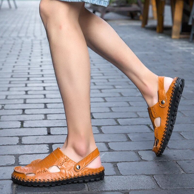 Men's Casual Summer Beach Sandals Closed Toe Walking Outdoor Sandals Slip-On Comfortable Leather Shoes For Man_voghion.com