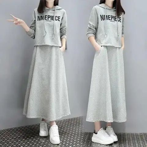 Spring Letter Women's Dress Casual Fashion Long Sleeve Hooded Sweatshirt Loose Two-Piece Set_voghion.com