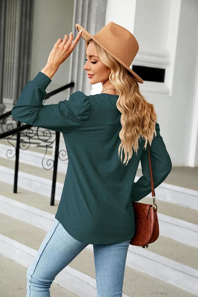Women's Top, Shirt, Casual Shirt, Bubble Long Sleeved Waistband, V-neck_voghion.com