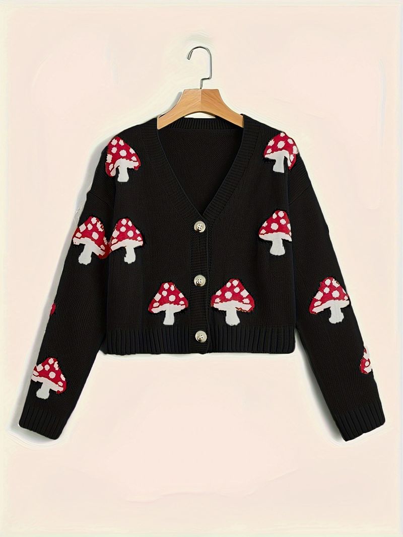 Mushroom Print Button Cardigan – Cute & Cozy Oversized Knit Sweater (XS-XXL, Green/Black)_voghion.com