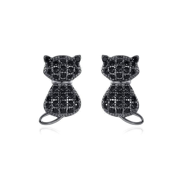 Orecchini a bottone in argento sterling 925 con micro pavé di zirconi cubici a forma di gatto e gattino, scatola PE60_voghion.com