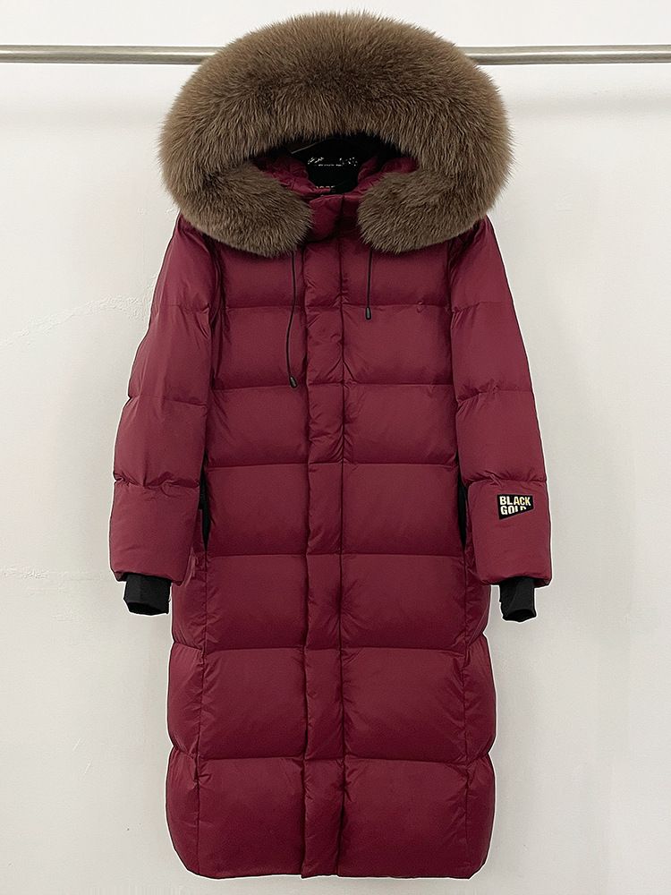 Luxus-Daunenmantel mit Fuchs-/Waschbärpelzkragen – Lange Winterjacke für Damen (Schwarz/Burgund/Creme, S-3XL)_voghion.com