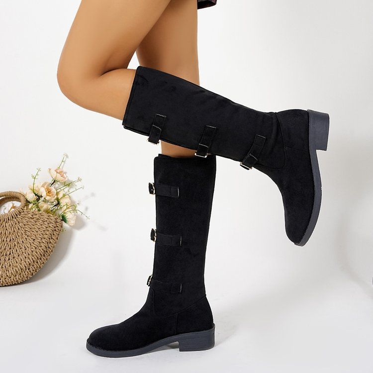 Bottes hautes à talon épais pour femme, mollet large, avec boucle et effet froissé - Daim souple et cuir véritable - Bottes à bout rond et talon mi-haut_voghion.com