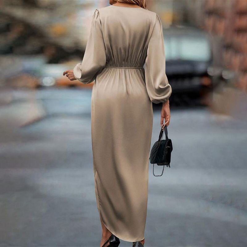 2024 New Elegant Cross-Neck Gathered Split Puff Irregular Long Sleeve Women's Dress_voghion.com