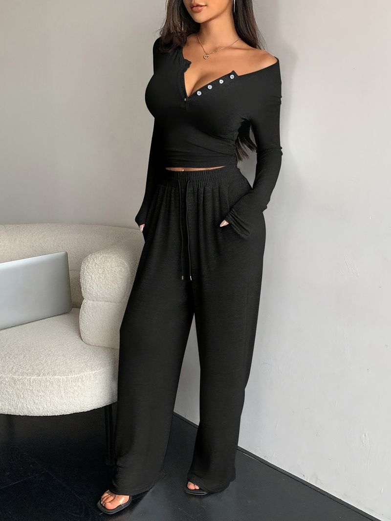Ensemble de survêtement uni à boutons pour femme, tenue décontractée, 2 pièces, col en V, pantalon large, collection automne-printemps 2025_voghion.com