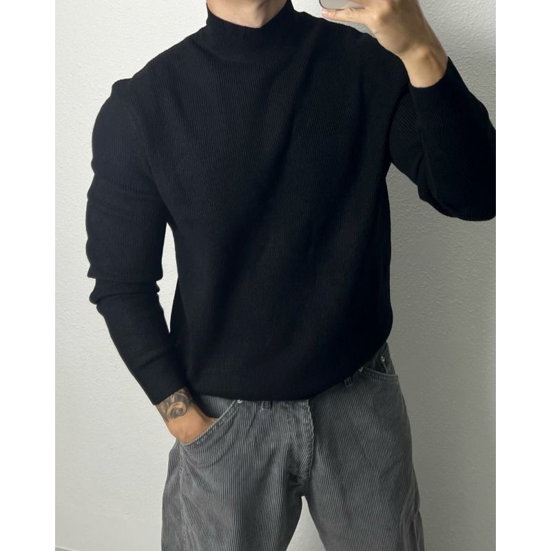 Maglione semi-dolcevita slim fit da uomo - Pullover in maglia elasticizzata per una vestibilità aderente, strato di base termico a maniche lunghe, abbigliamento casual in stile retrò_voghion.com