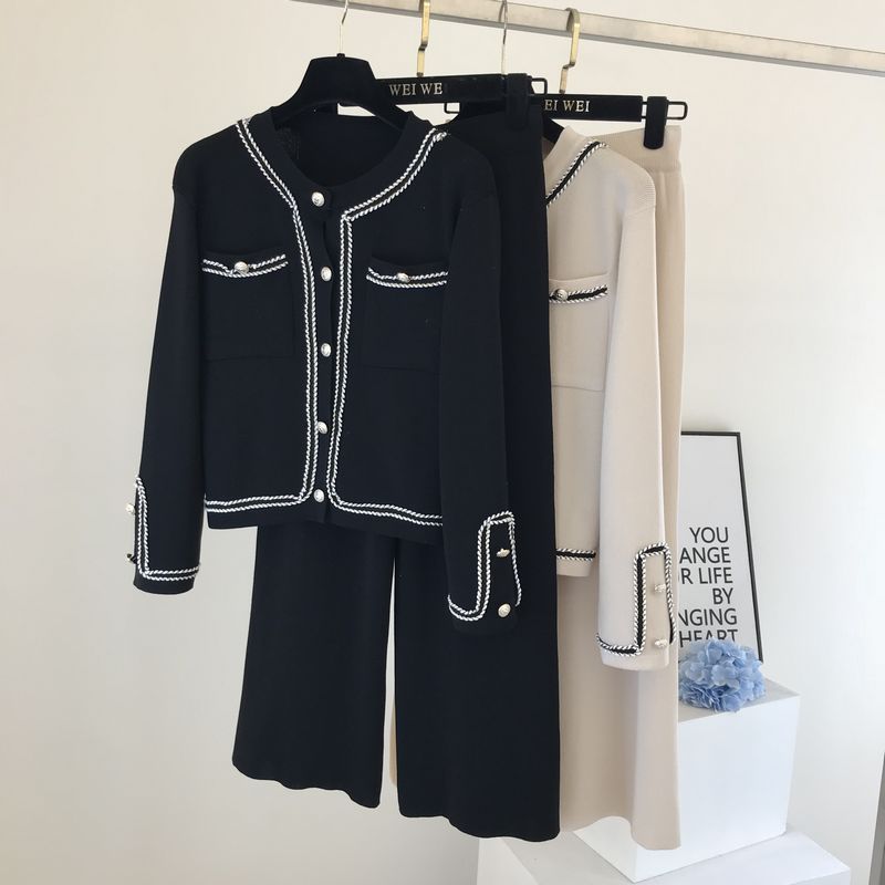 Kadın moda yuvarlak boyun örme hırka üst geniş bacak pantolon iki parçalı set_voghion.com