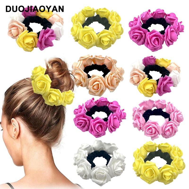 Più affascinante nuovo anello per capelli con fiore di schiuma, ornamento per capelli con rosa, corda per capelli con testa a sfera, anello per capelli elastico alto_voghion.com