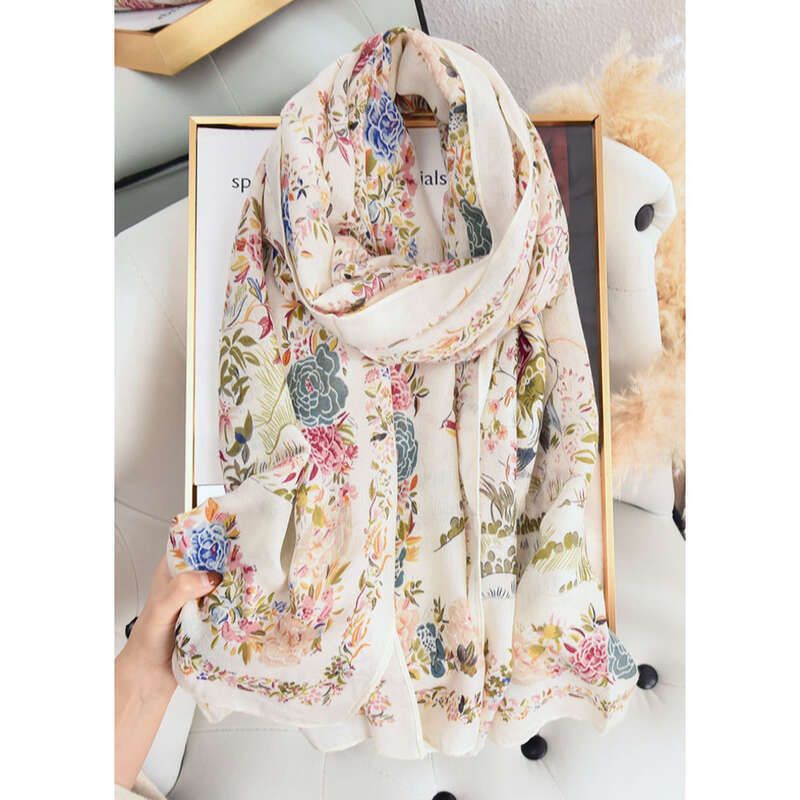 Sciarpa di seta stampata in stile rustico in lino e cotone a sezione sottile, moda femminile giapponese e coreana_voghion.com