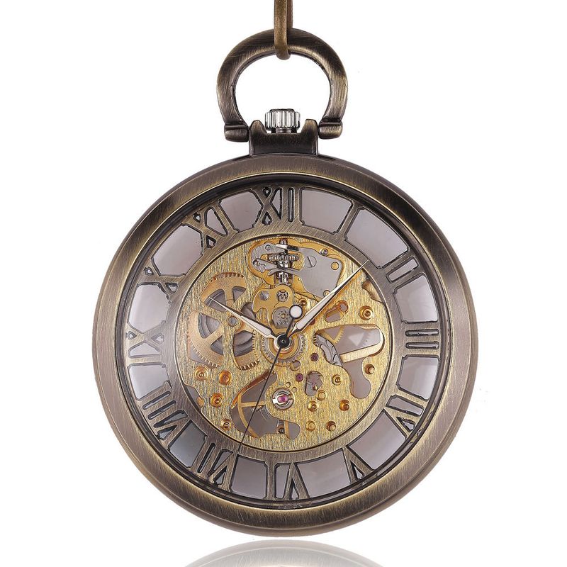 Mehrfarbige, komplett silberne Taschenuhr mit römischem Zifferblatt, gerade, transparent, manuell, mechanisch, große Uhr_voghion.com