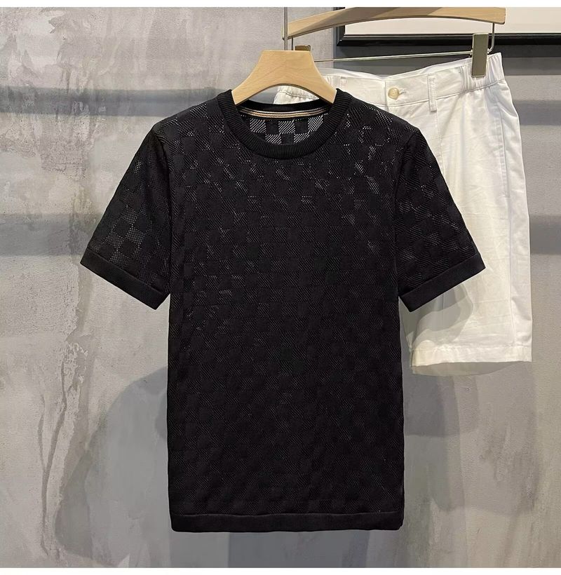 High-end spring and summer thin hollow knitted short-sleeved men's Korean-style mesh breathable round neck knitted sweater men's T-shirt_voghion.com